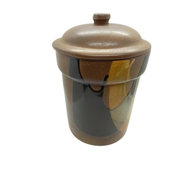 Pottery Craft Canister With Lid Brown Black Gold Cylindrical Shape Vintage Retro - Picture 2 of 12